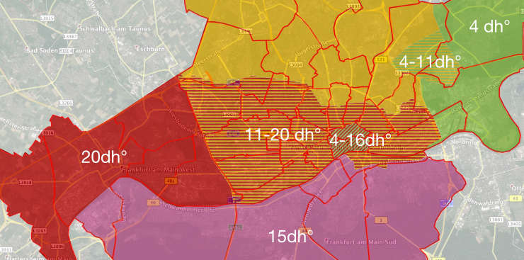 Water supply zones and postcodes in Frankfurt/Main